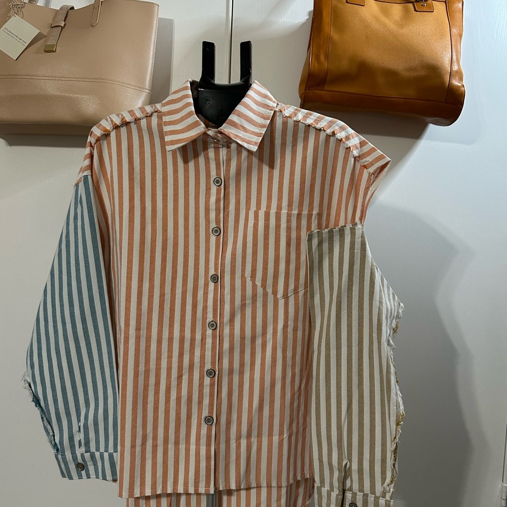 POL Women’s Striped Shirt in Orange, Blue, and Tan